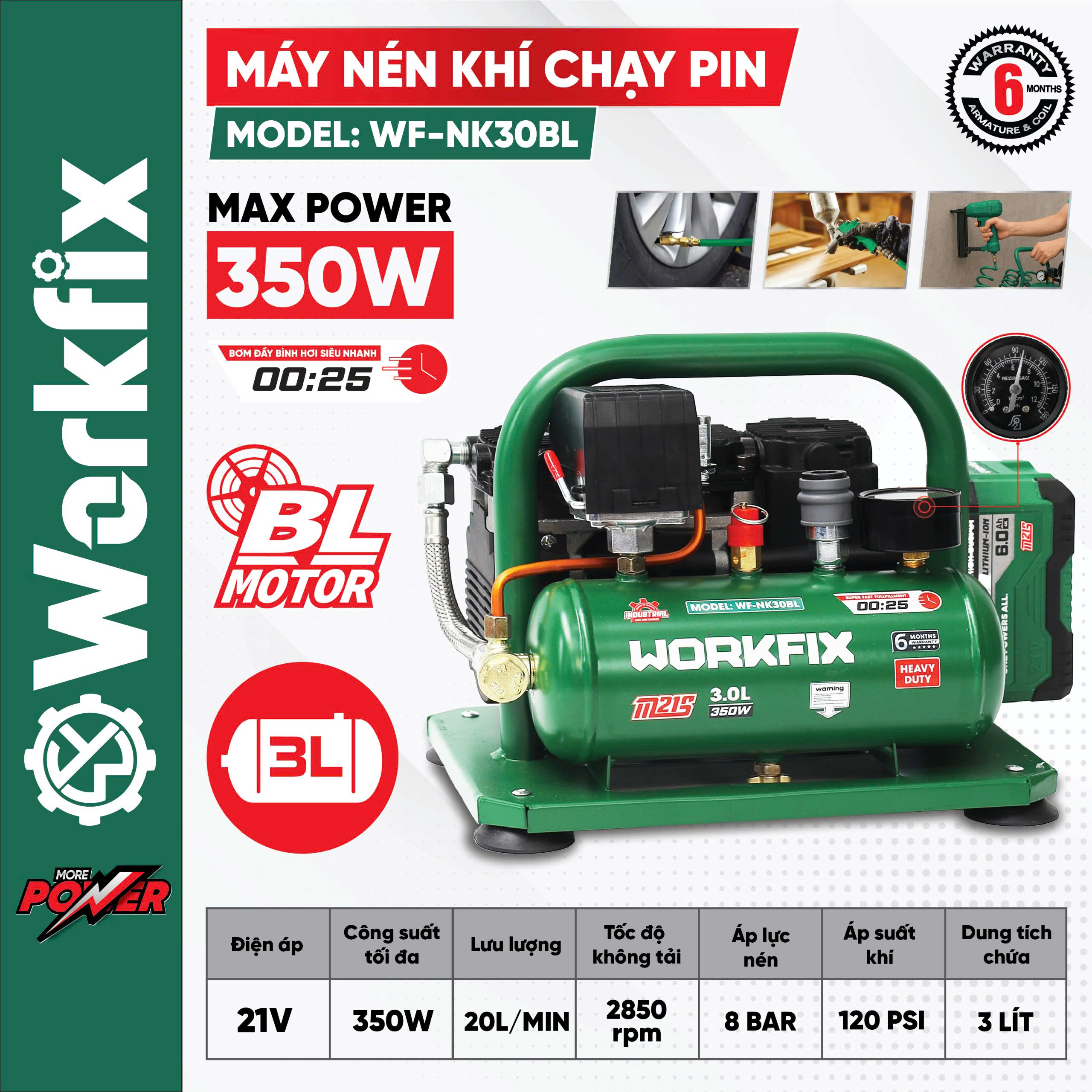 Máy nén khí Workfix WF-NK30BL - Dung tích 3L - Nạp đầy bình 25 giây - Ảnh 14