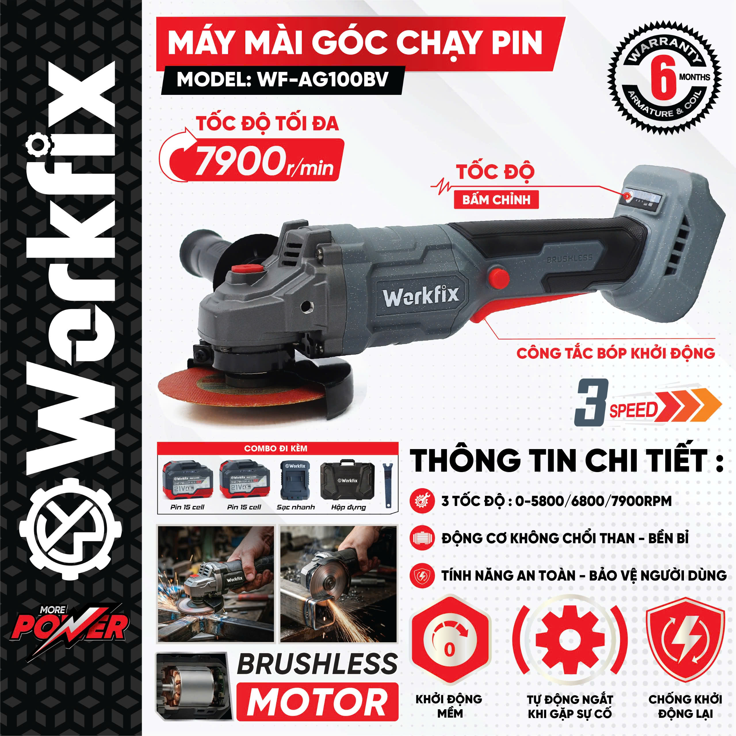 Máy mài góc pin 3 tốc độ Workfix WF-AG100BV - Không chổi than - Chống khởi động lại 16 Máy mài góc pin 3 tốc độ Workfix WF-AG100BV - Không chổi than - Chống khởi động lại - Ảnh 16