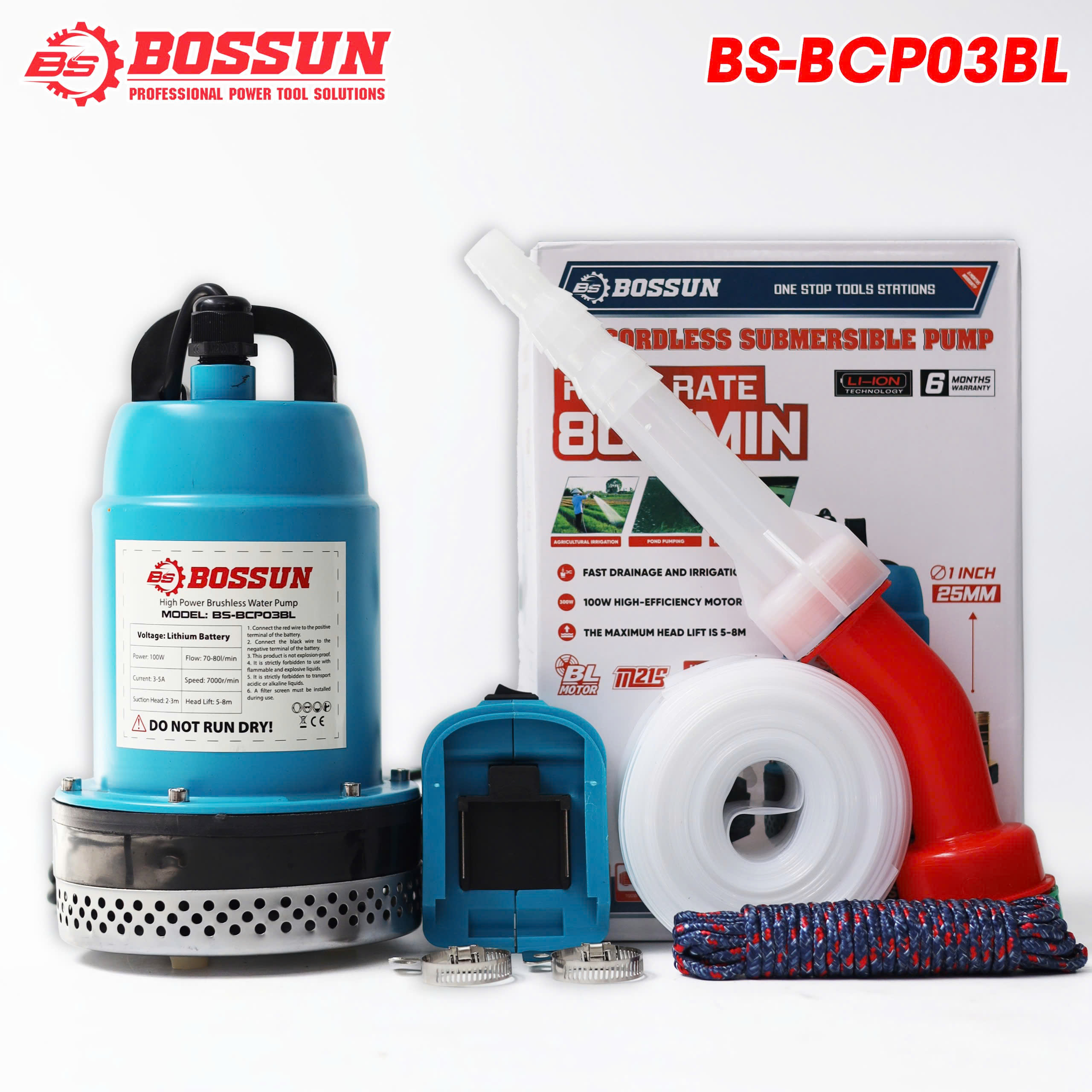 Máy Bơm Chìm Chạy Pin Bossun BS-BCP03BL - 80L/phút - Cột áp cao 5-8m 6 Máy Bơm Chìm Chạy Pin Bossun BS-BCP03BL - 80L/phút - Cột áp cao 5-8m - Ảnh 6