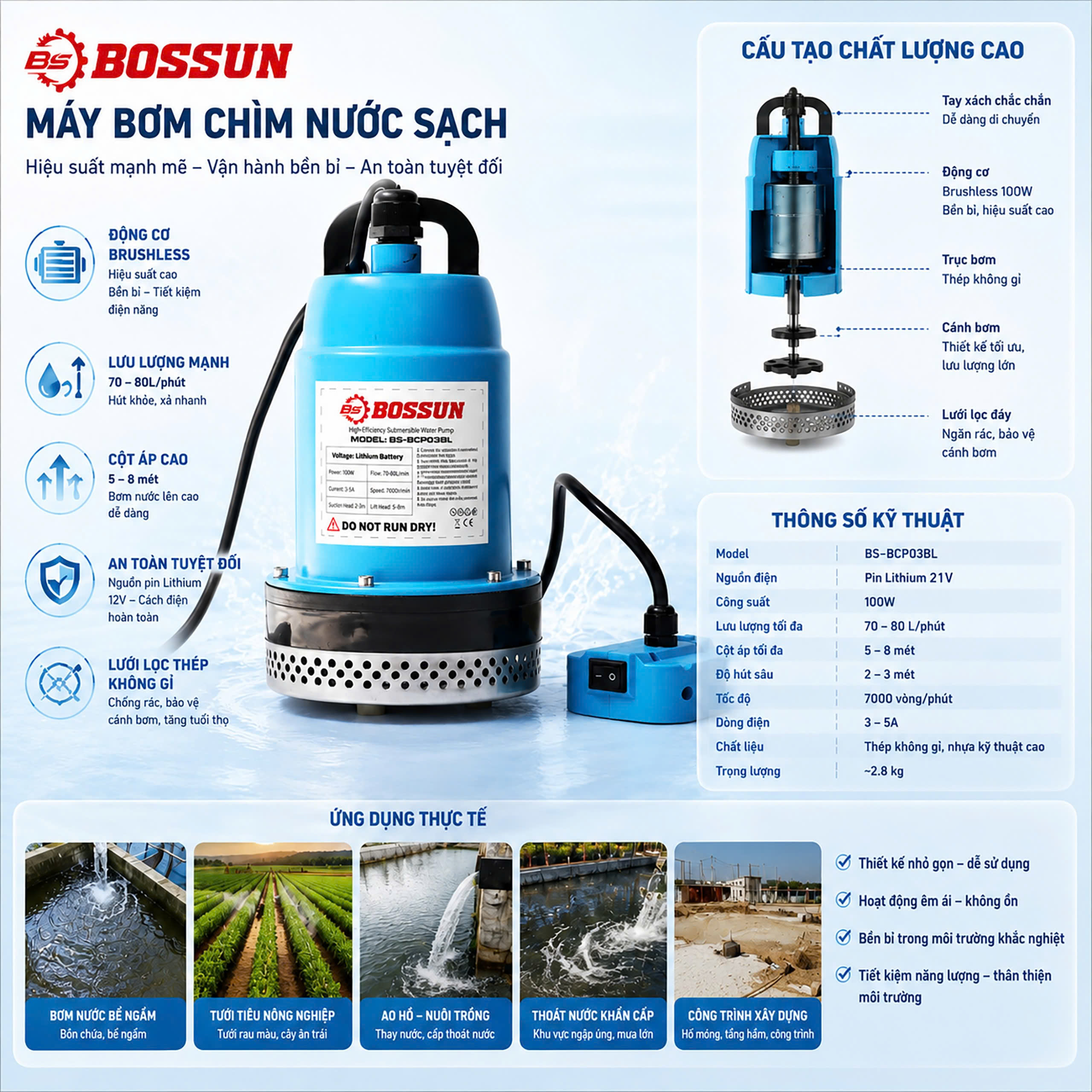 Máy Bơm Chìm Chạy Pin Bossun BS-BCP03BL - 80L/phút - Cột áp cao 5-8m 7 Máy Bơm Chìm Chạy Pin Bossun BS-BCP03BL - 80L/phút - Cột áp cao 5-8m - Ảnh 7