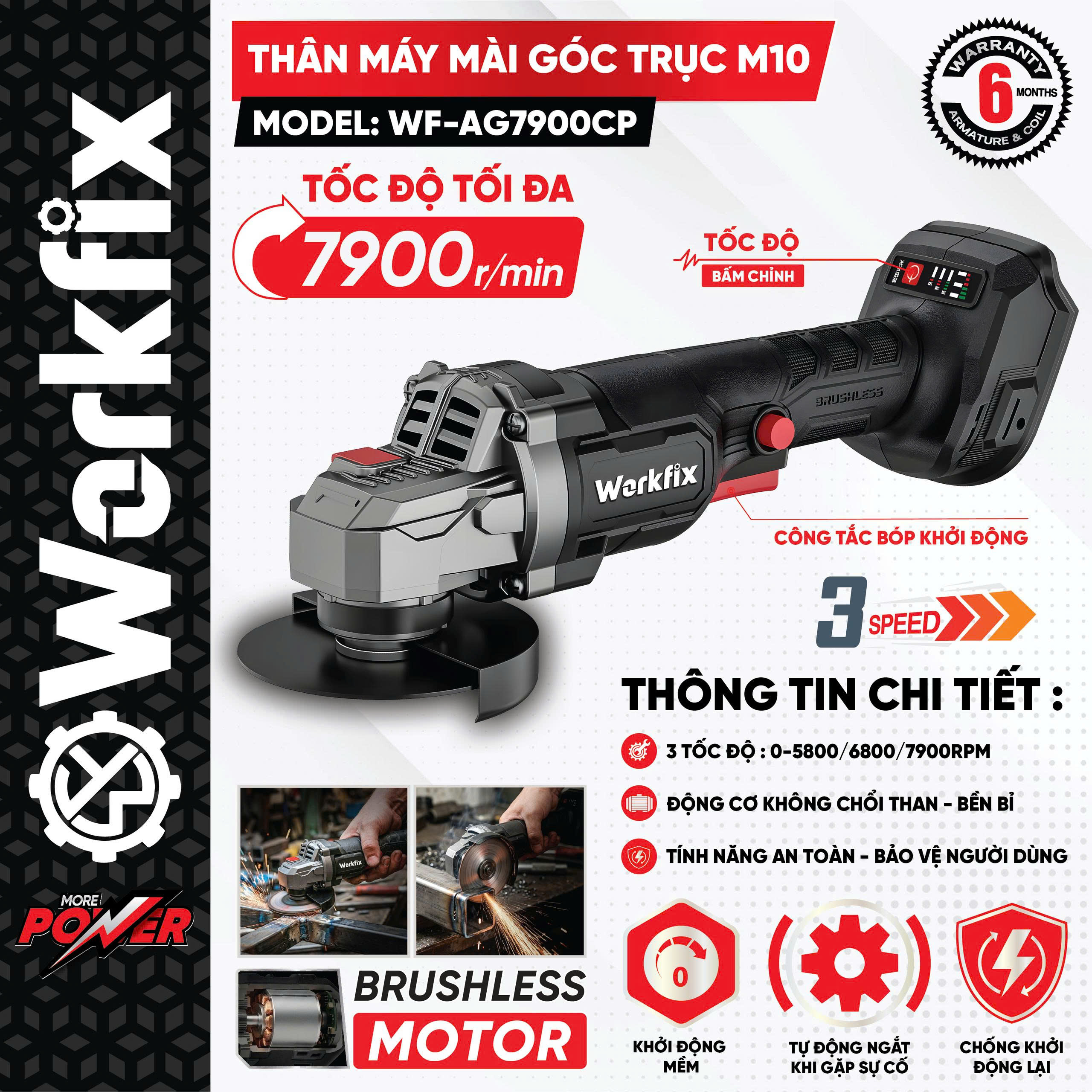 Thân máy mài góc Workfix WF-AG7900CP - 3 tốc độ - Chống sốc đá - 7900 vòng/phút 13 Thân máy mài góc Workfix WF-AG7900CP - 3 tốc độ - Chống sốc đá - 7900 vòng/phút - Ảnh 13