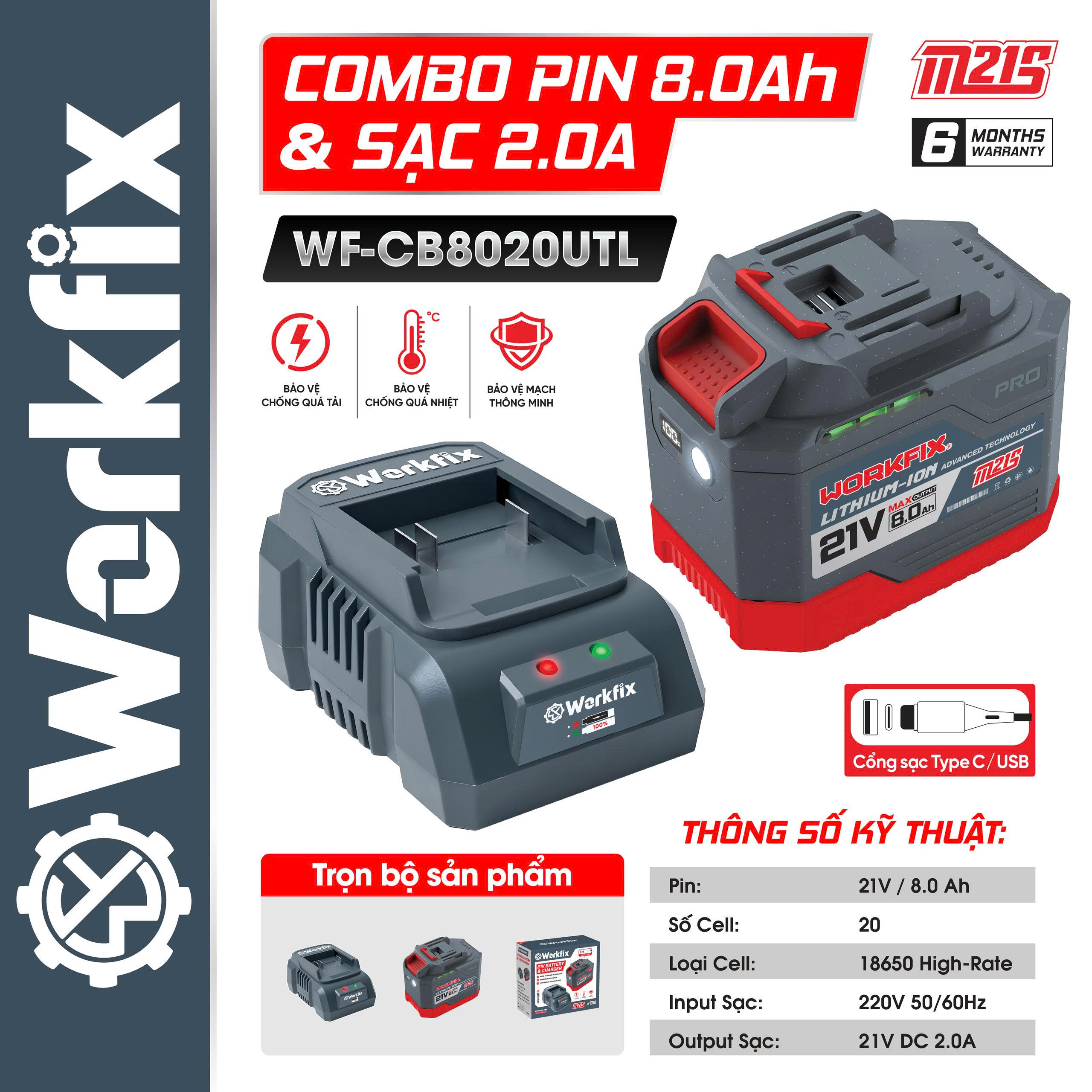 Mua pin 8Ah pin 20cell Workfix tặng sạc 2A