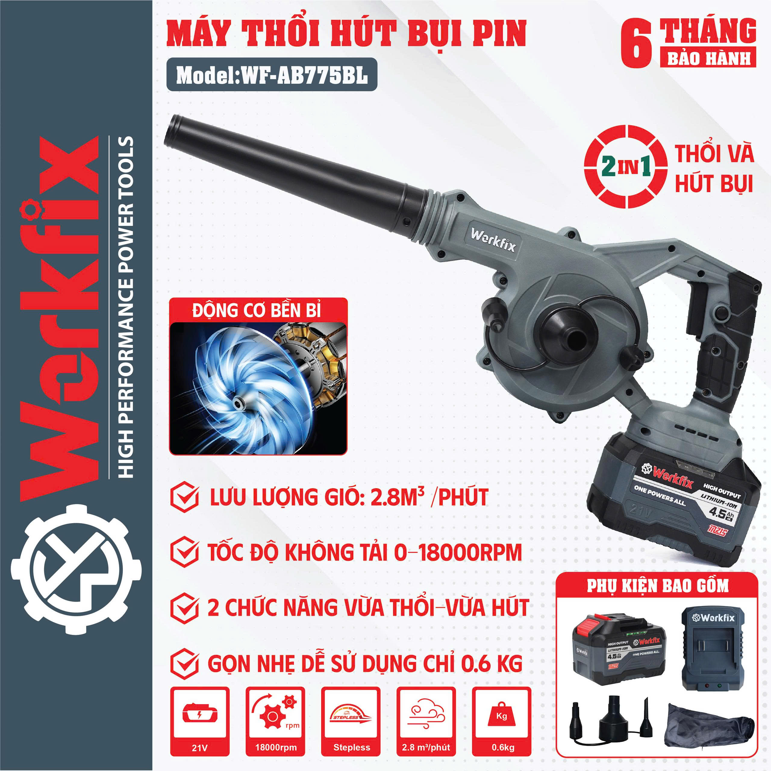 Máy thổi bụi Workfix WF-AB775BL -2 chức năng thổi và hút