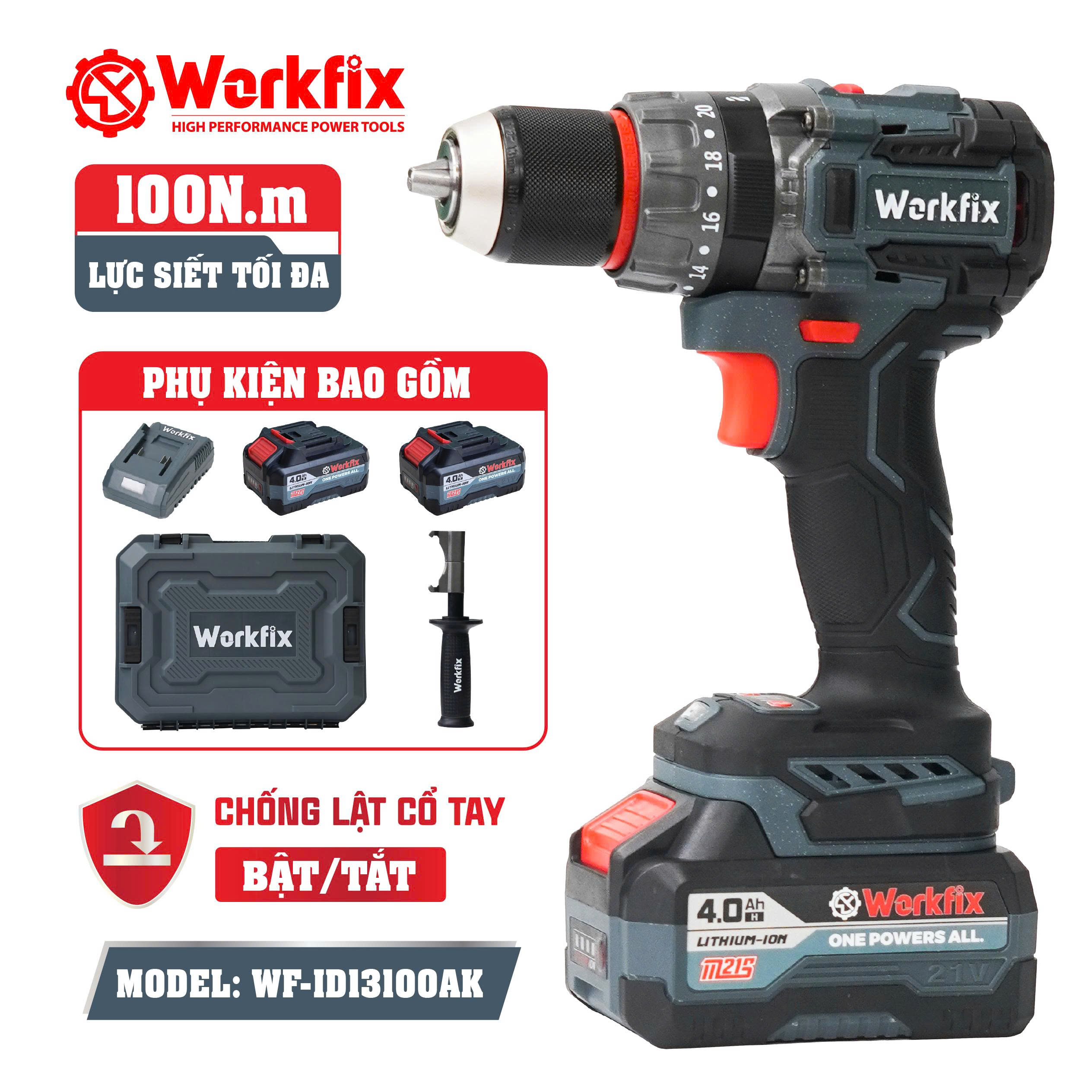 Máy khoan pin Workfix WF-ID13100AK-3 chức năng-Động cơ lõi đồng-Lực siết 100N.m
