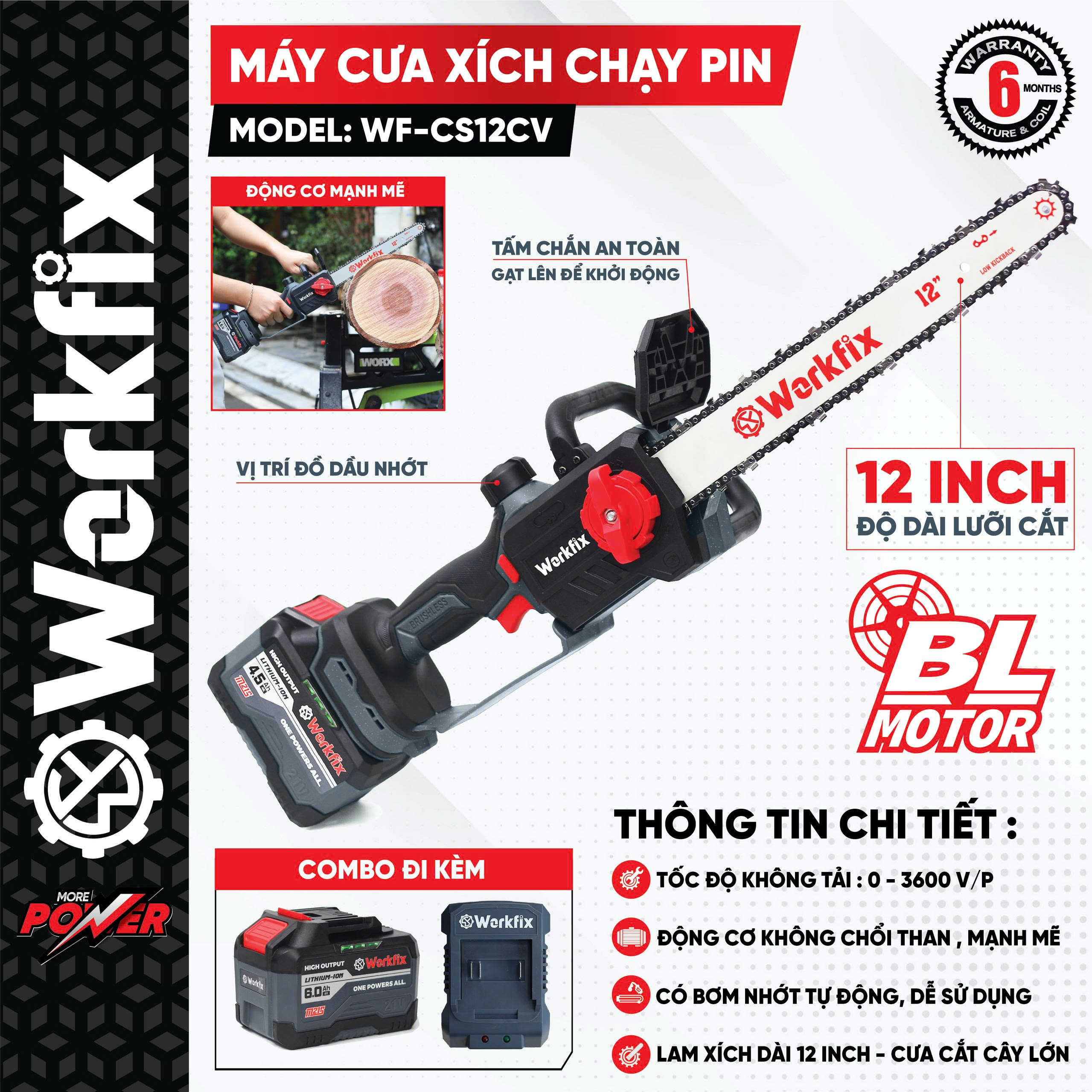 Máy cưa xích Workfix WF-CS12CV - Lam dài 12inch - Tra nhớt tự động 10 Máy cưa xích Workfix WF-CS12CV - Lam dài 12inch - Tra nhớt tự động - Ảnh 10