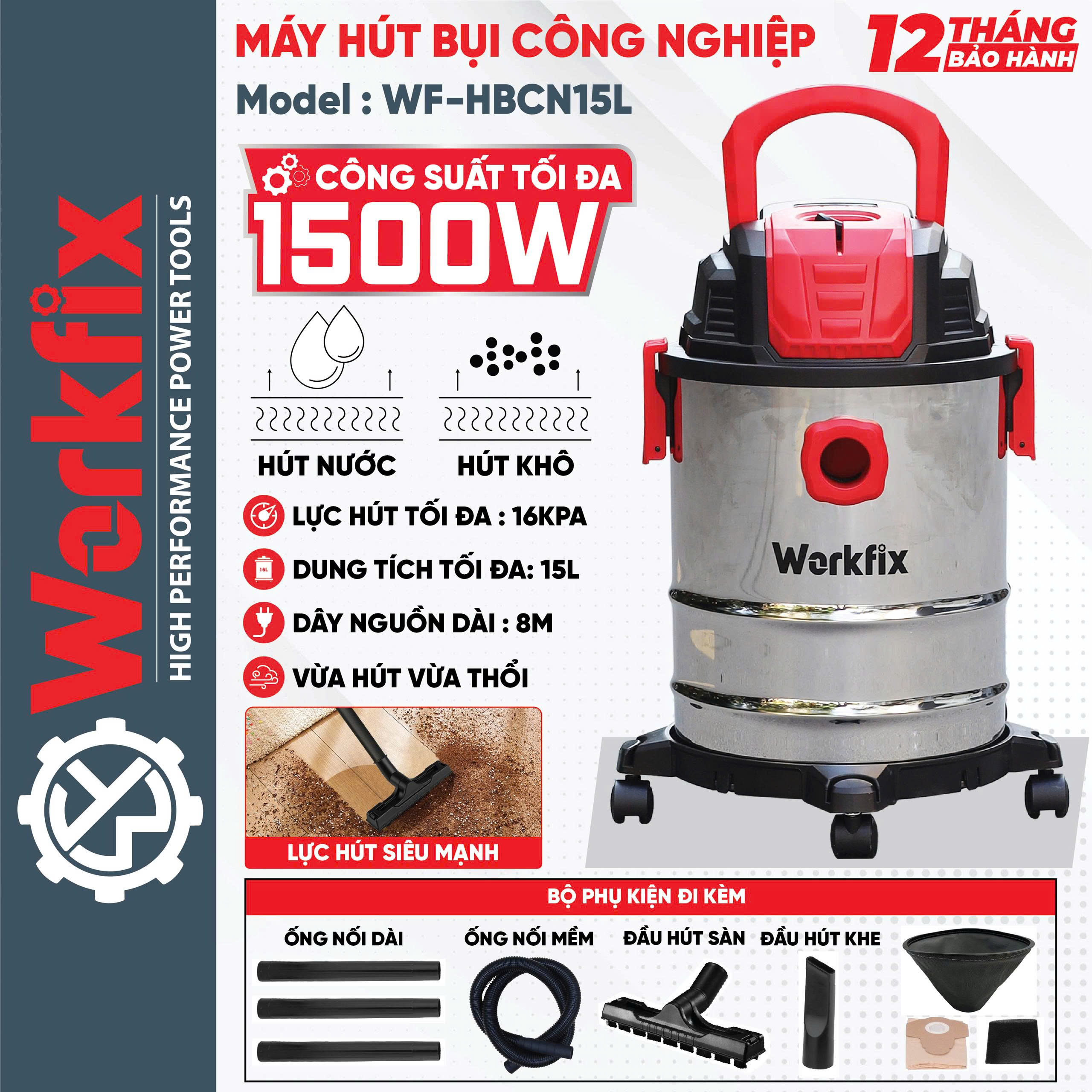 Máy hút bụi Workfix WF-HBCN15L - Công suất: 1500W - Dung tích 15L 12 Máy hút bụi Workfix WF-HBCN15L - Công suất: 1500W - Dung tích 15L - Ảnh 12