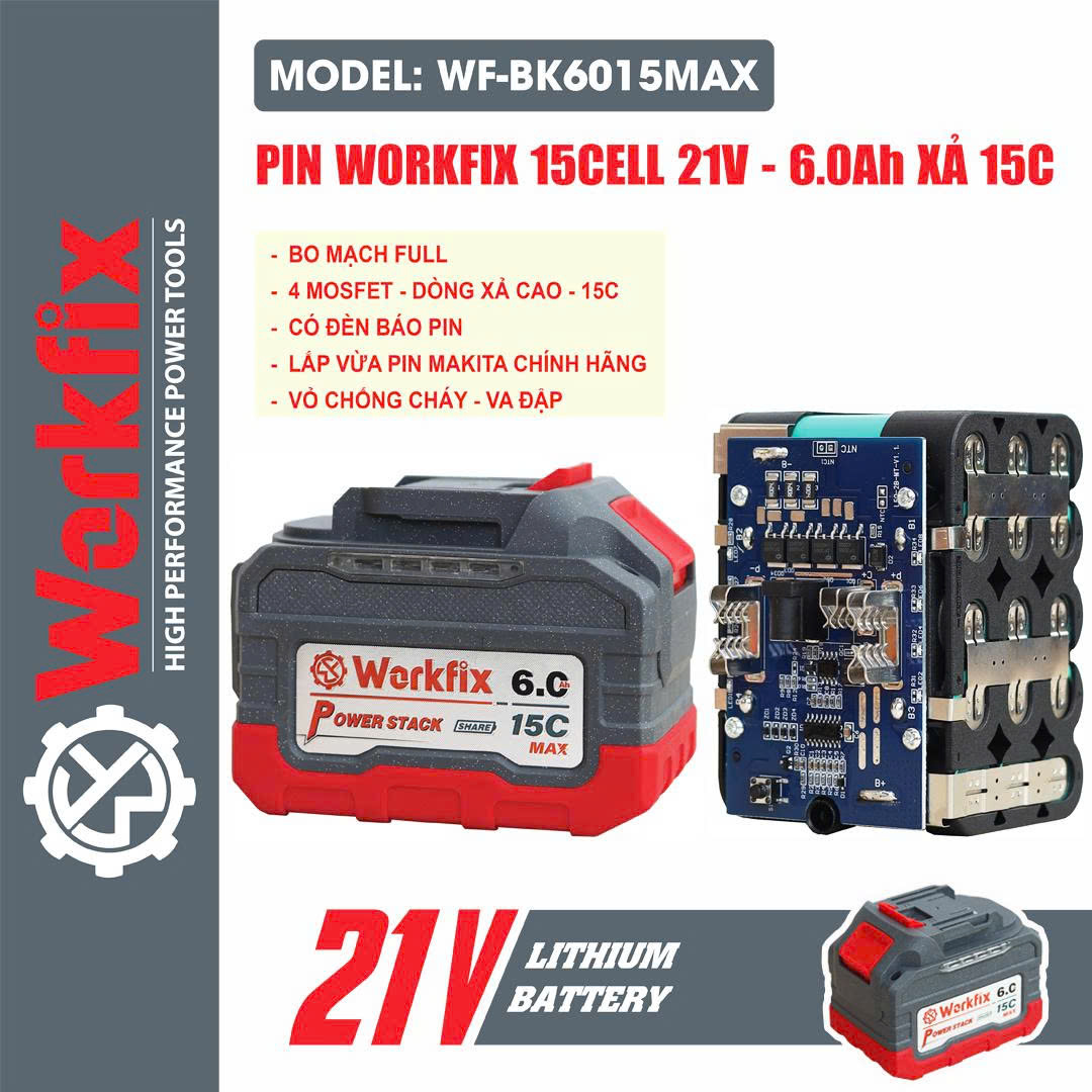 Combo Pin 15 Cell dung lượng cao - Dòng xả 15C+sạc nhanh 2A Workfix WF-BK6015MAX 8 Combo Pin 15 Cell dung lượng cao - Dòng xả 15C+sạc nhanh 2A Workfix WF-BK6015MAX - Ảnh 8