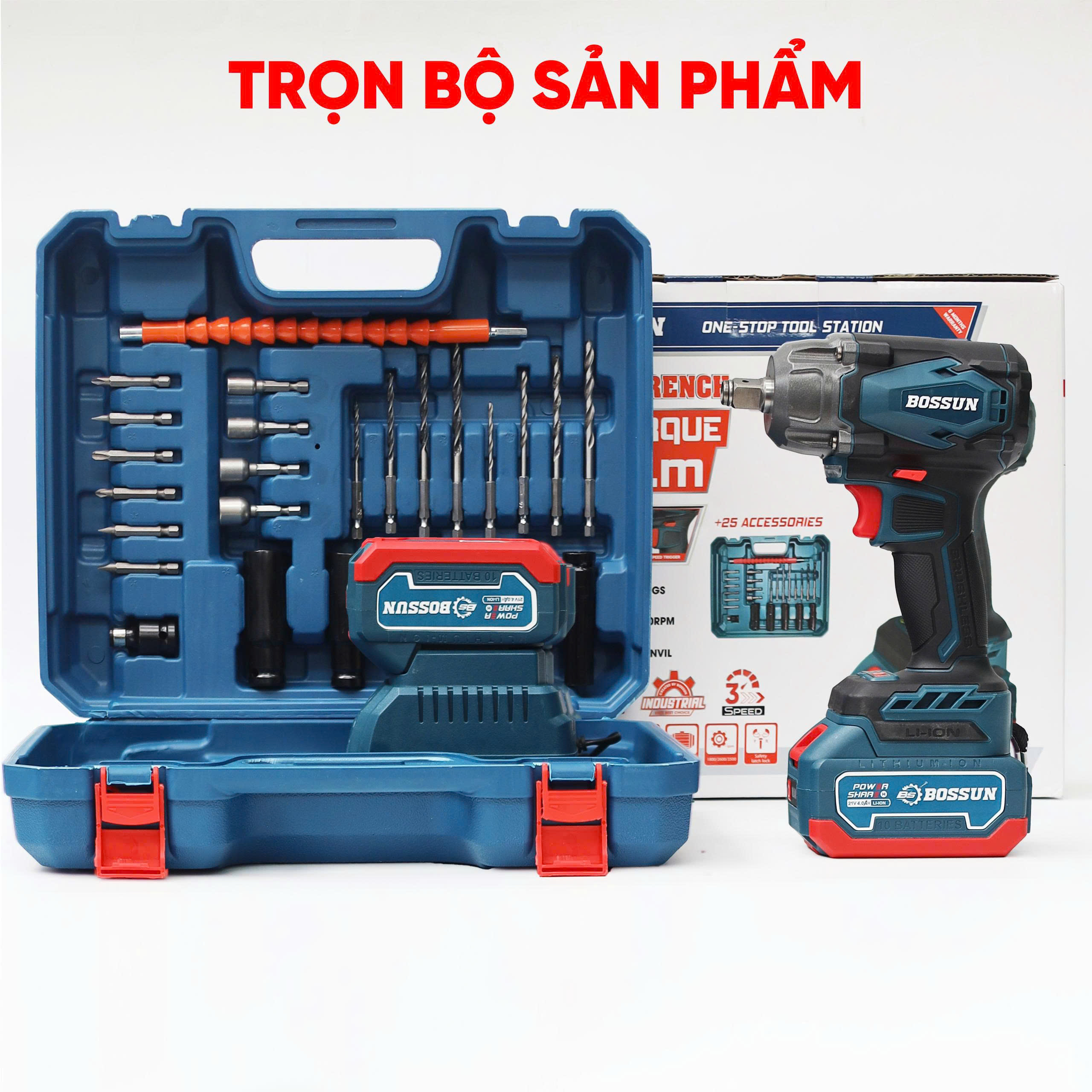 [ TẶNG BỘ PHỤ KIỆN ] Máy siết bulong 450N Bossun BS-IW450PK - Động cơ 100% lõi đồng.